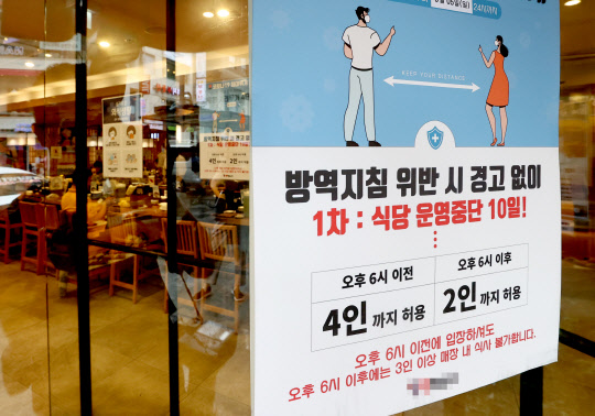 수도권 사회적 거리두기 4단계가 내달 5일까지 2주간 연장된 23일 오후 서울 종각역 인근 음식점에 관련 안내문이 붙어 있다. 연합뉴스